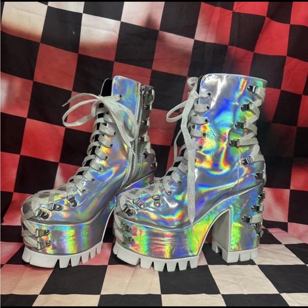 dolls kill club exx lucid dreams holographic corset boots